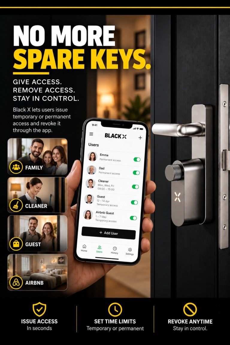 Black X smart lock app showing temporary and permanent door access for family, cleaners and guests, with access that can be revoked anytime.