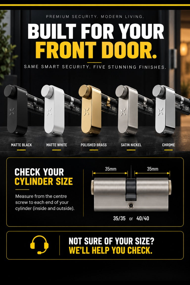 Black X smart lock in matte black, matte white, polished brass, satin nickel and chrome, with 35/35 and 40/40 Euro cylinder sizing guide.