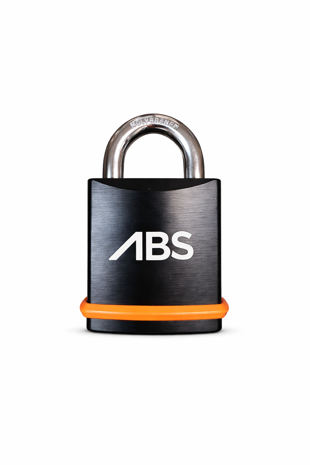 Black and orange high security padlock with 'ABS' branding on a white background