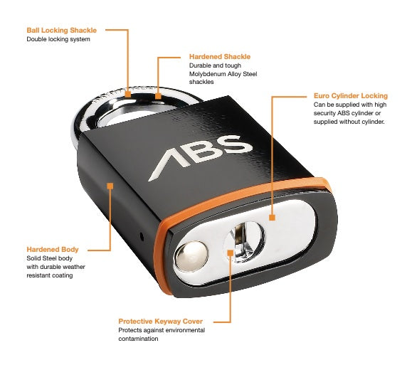 ABS high security padlock with features highlighted on a white background