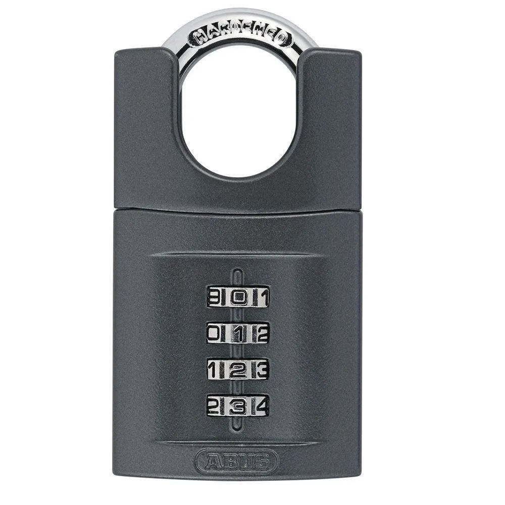 Front view of ABUS Super Code 158CS/50 combination padlock featuring a closed shackle design and resettable combination lock.