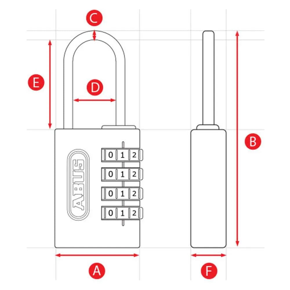 Technical dimensions diagram of the ABUS Super Code 158CS/50 padlock showing closed shackle design, body measurements and overall padlock dimensions.