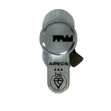 A brushed metal lock pick with a circular top and a small black side tab, featuring the APECS and bsi logos on a plain white background.