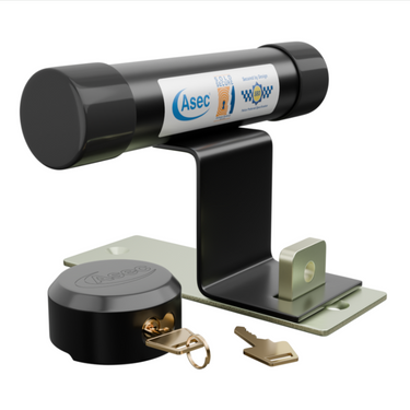 ASEC garage door defender with black padlock and ground fixing plate