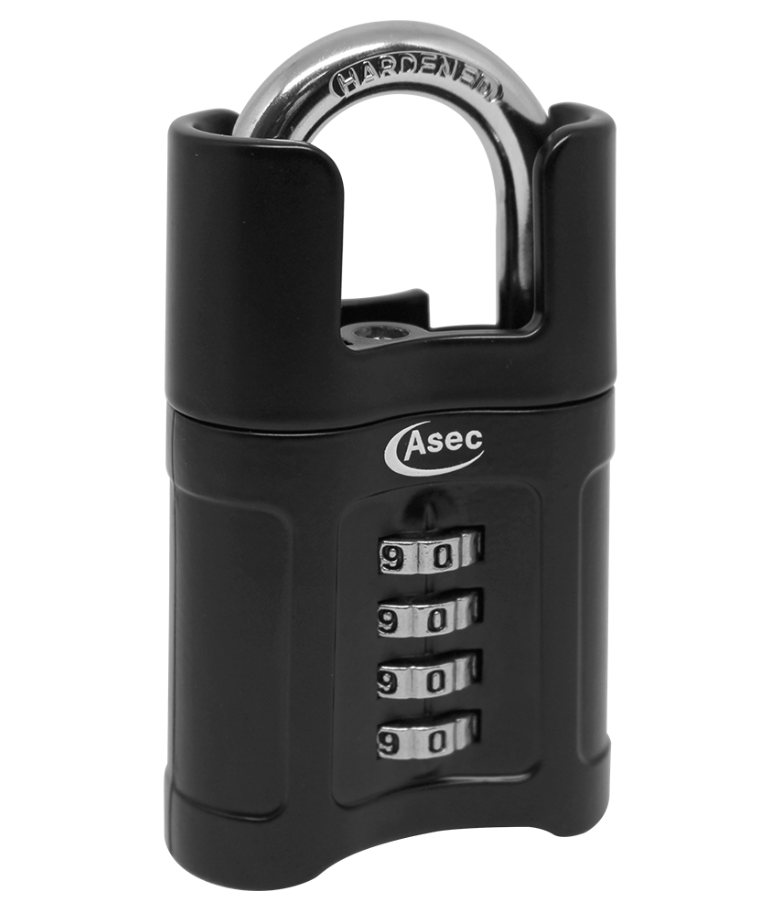 Angled front view of ASEC Closed Shackle Combination Padlock showing the protected shackle and combination dials.