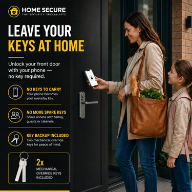 Woman and girl unlocking the front door by phone with the Black X smart lock – 2 override keys included