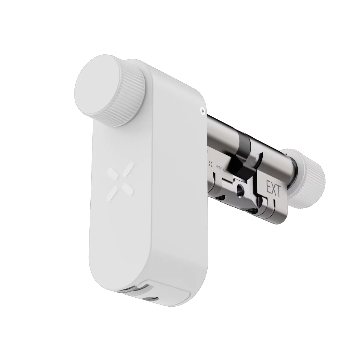 T-shaped shower control valve with white handle and metallic body on a white background
