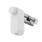 T-shaped shower control valve with white handle and metallic body on a white background