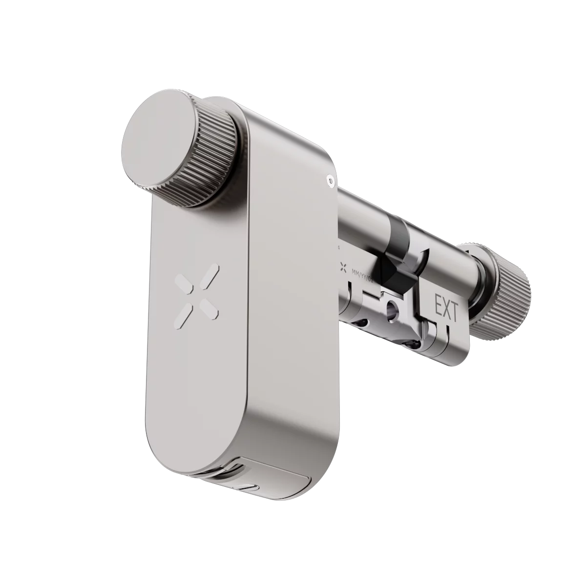 Metallic shower control valve on a white background