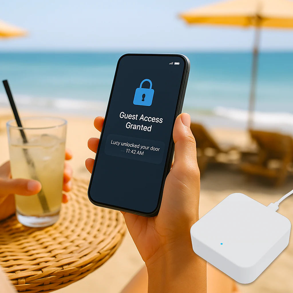 Hand holding a smartphone with a 'Guest Access Granted' message on a beach setting.