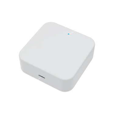 White rectangular device with a small blue light on a white background