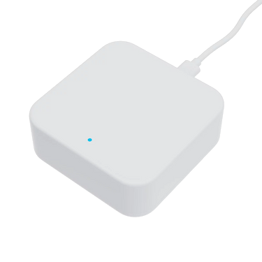 White rectangular device with a blue light on a white background