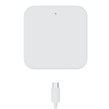 Square white device with a USB-C cable on a white background