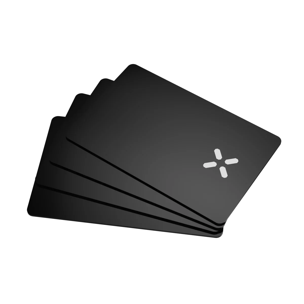 Stack of black cards with a star-like symbol on a white background