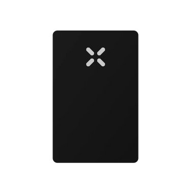 Black rectangular card with a white logo on a white background
