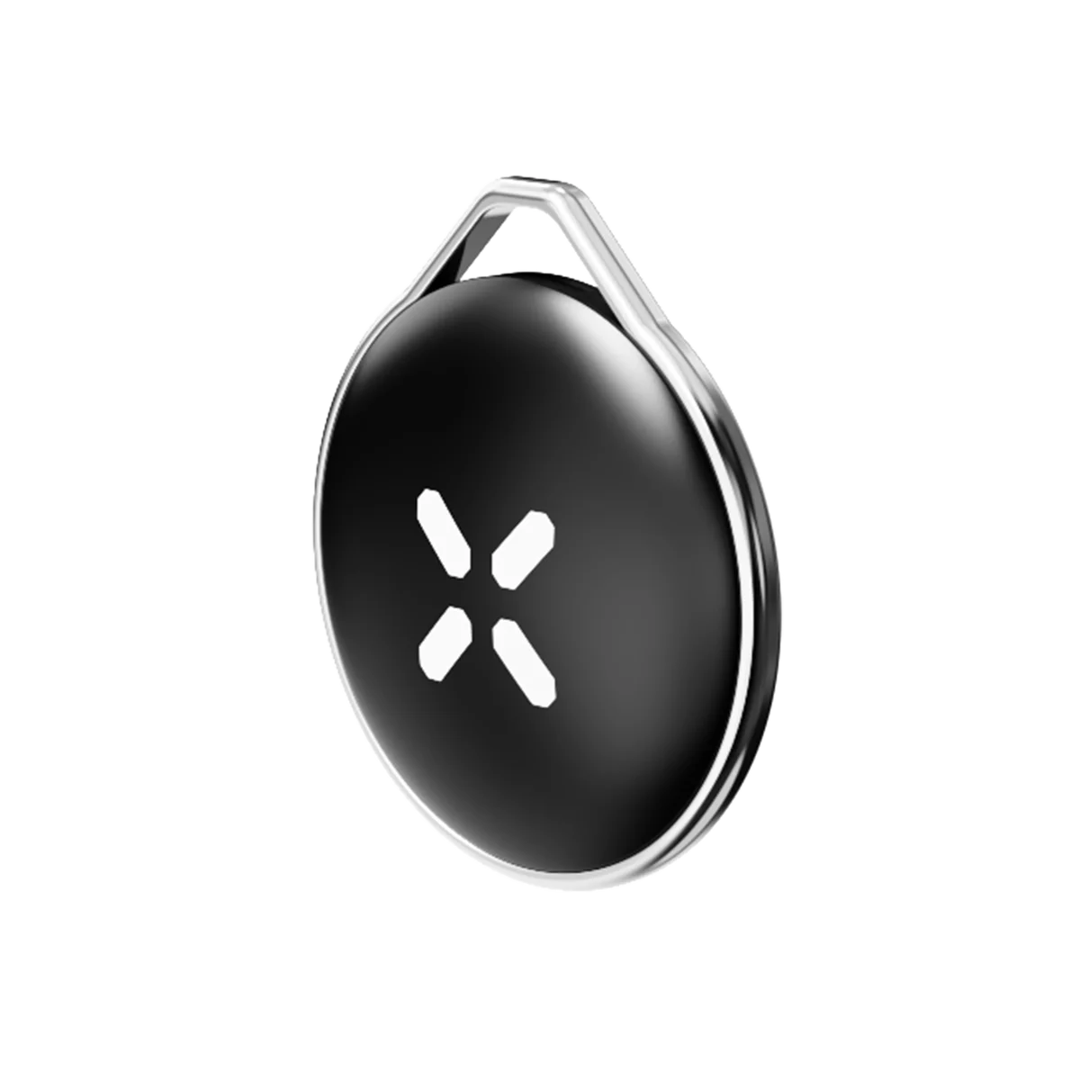 Black circular device with a silver outline on a white background
