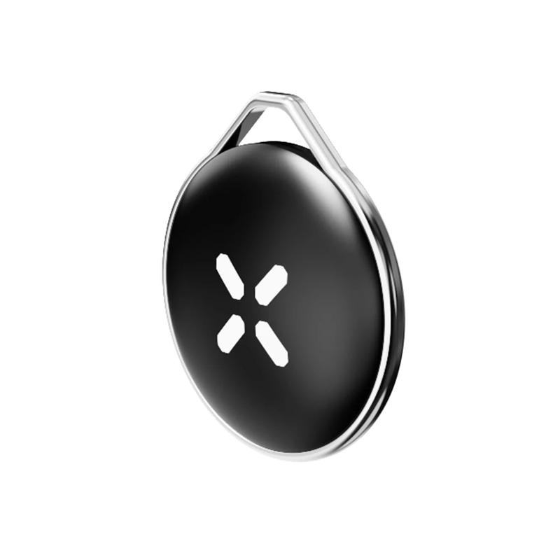 Black circular device with a silver outline on a white background