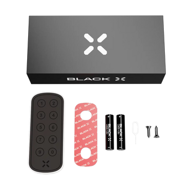 Black X branded remote control, battery holder, and screws on a white background