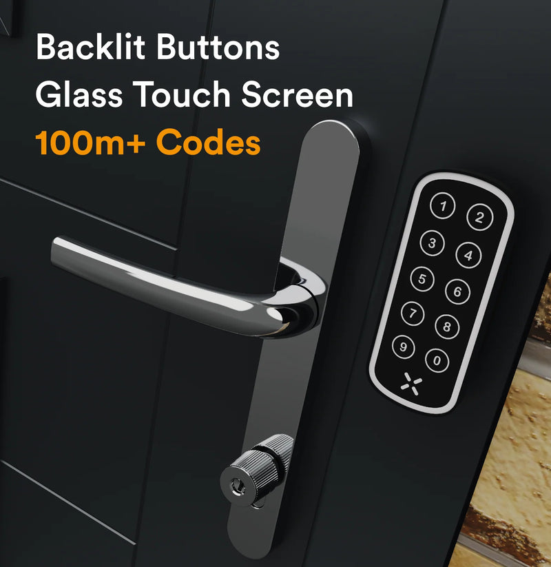 Black door with electronic keypad and glass touch screen