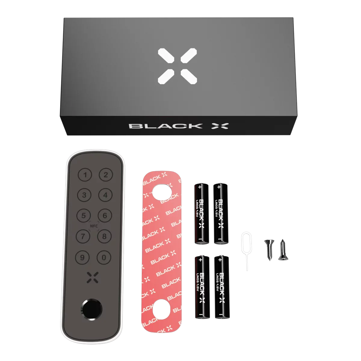 Black X product packaging with remote control, battery holder, and screws on a white background