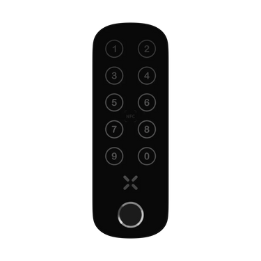 Black digital keypad with numbers and a central button on a white background
