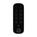 Black digital keypad with numbers and a central button on a white background