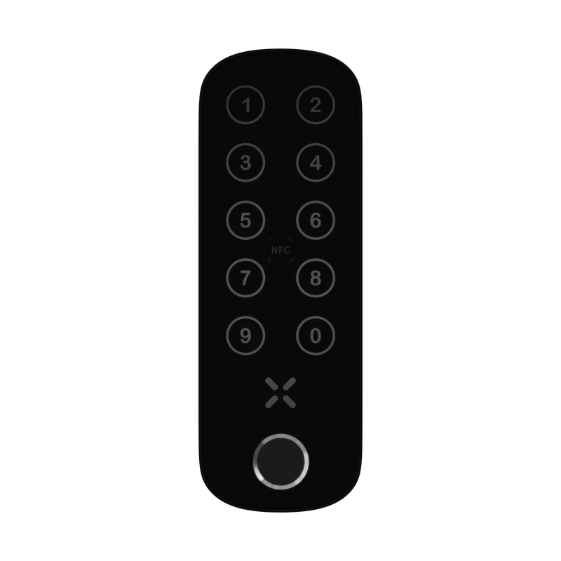 Black digital keypad with numbers and a central button on a white background