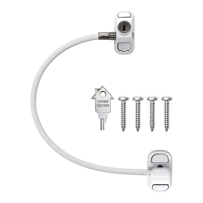 A white Home Secure cable restrictor lock for with a key and four screws for uPVC window, against a clear background.