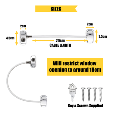 Diagram showing the dimensions of a cable restrictor lock for uPVC window
