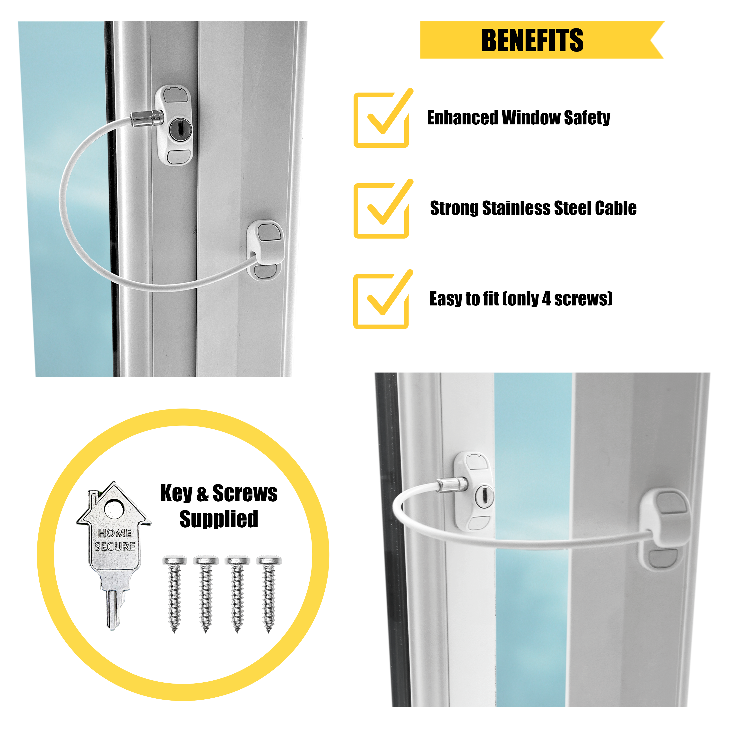Visual of a window cable restrictor lock installed on a uPVC window, showing its functionality. The benefits listed include enhanced window safety, strong stainless steel cable, and easy installation with only 4 screws. Also shown: a key and screws supplied with the product