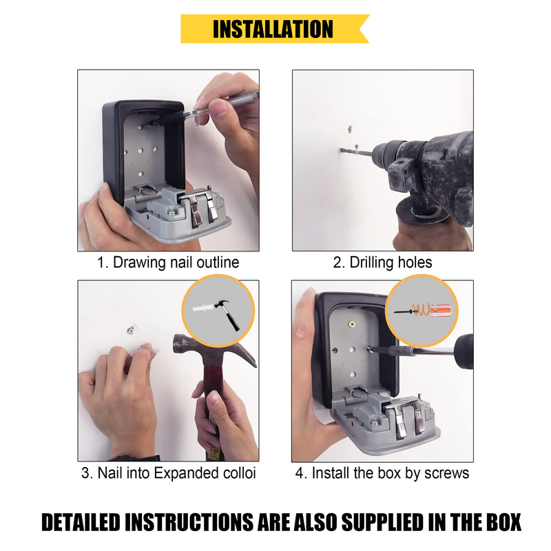 Step-by-step installation guide for a wall-mounted key safe box. Steps shown: 1) Drawing nail outline on the wall, 2) Drilling holes, 3) Hammering nails into expansion plugs, 4) Installing the key box with screws
