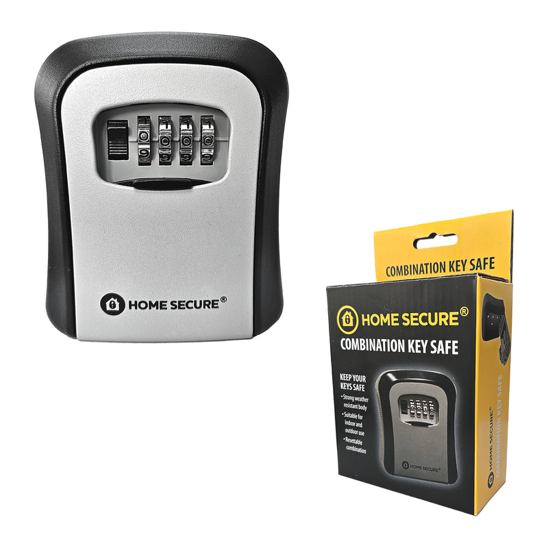 A combination key safe with a digital keypad on the front, mounted on a wall. The product packaging is shown beside it with branding and product information.