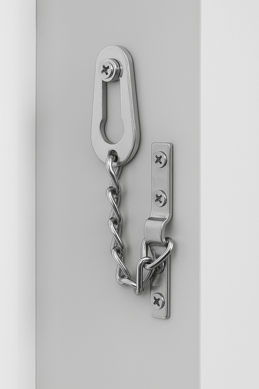 Metal door handle with door chain for upvc doors installed on a white background