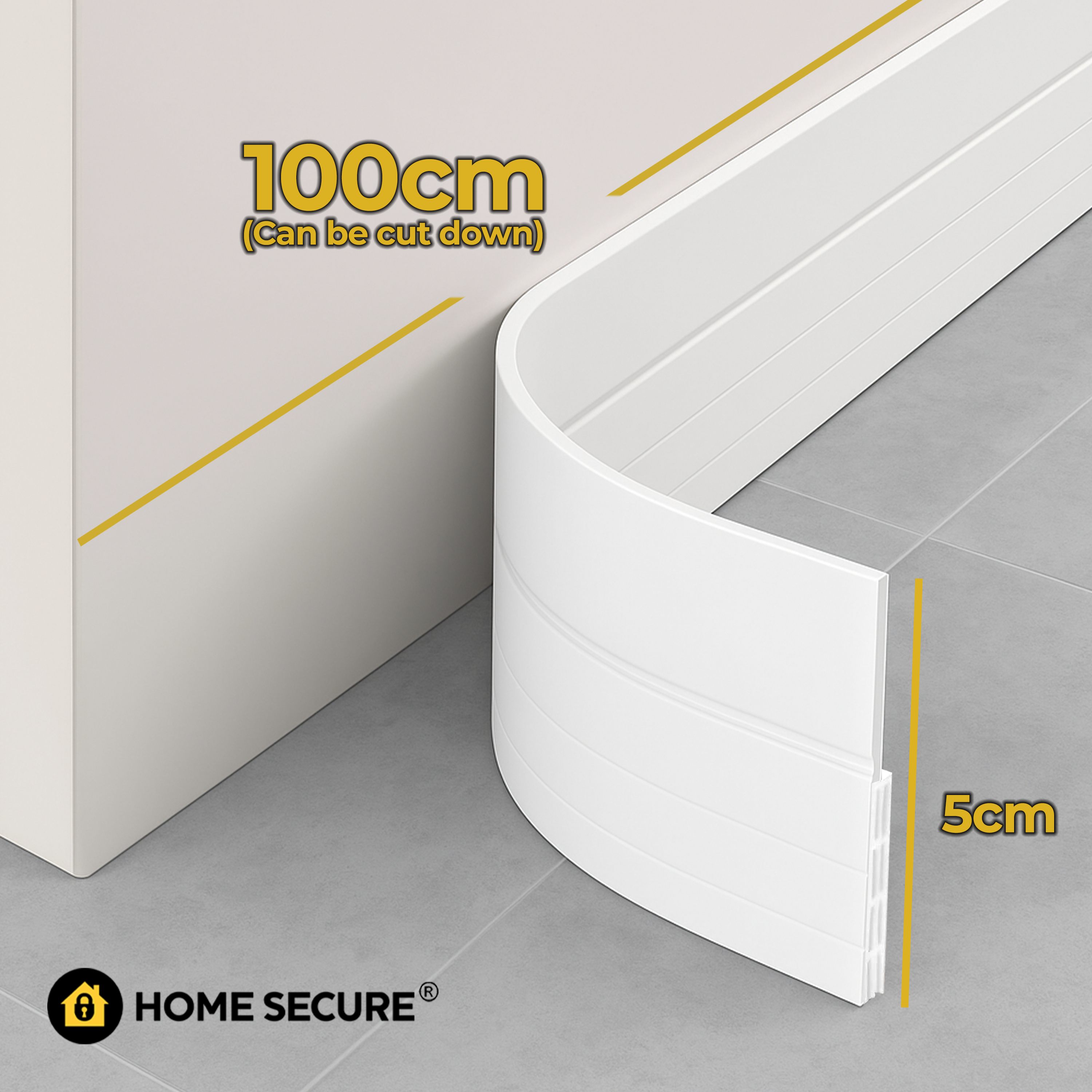 White draught excluder strip with measurements and Home Secure branding on a grey floor.