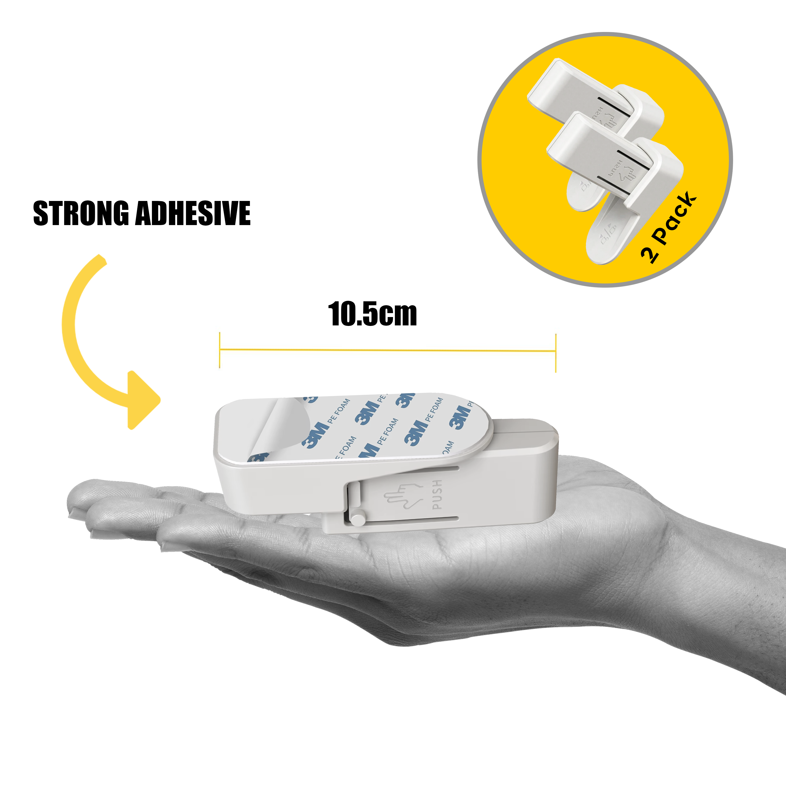 A white safety lock with strong adhesive backing shown resting on a human hand, highlighting its compact size of 10.5 cm. A yellow arrow points to the label "STRONG ADHESIVE