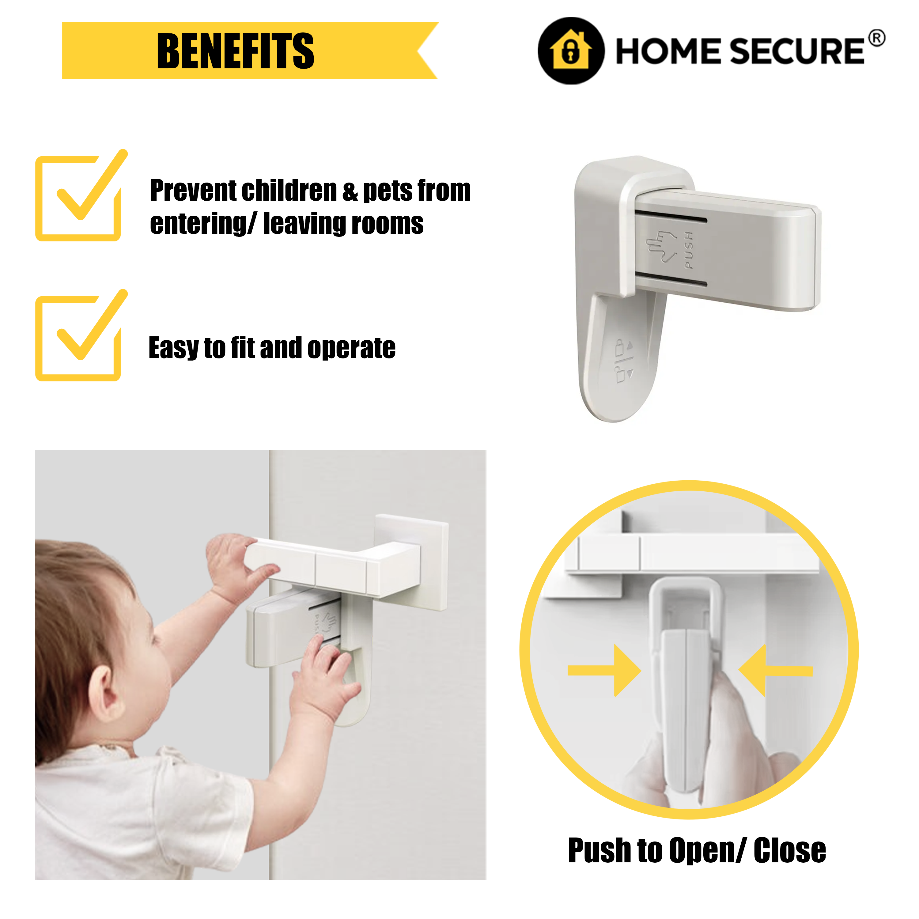 Promotional image for the Home Secure door lever lock, highlighting its benefits