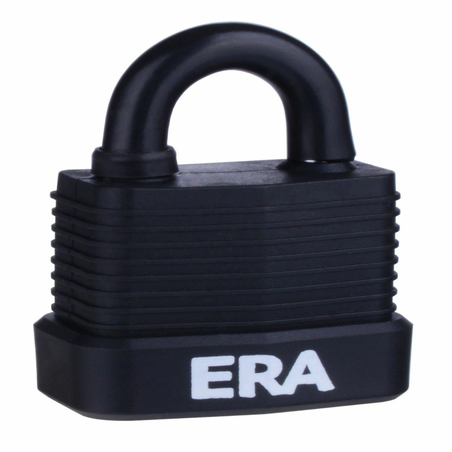 Angled view of the ERA 55mm laminated black padlock with hardened steel shackle for gates, sheds and security applications.