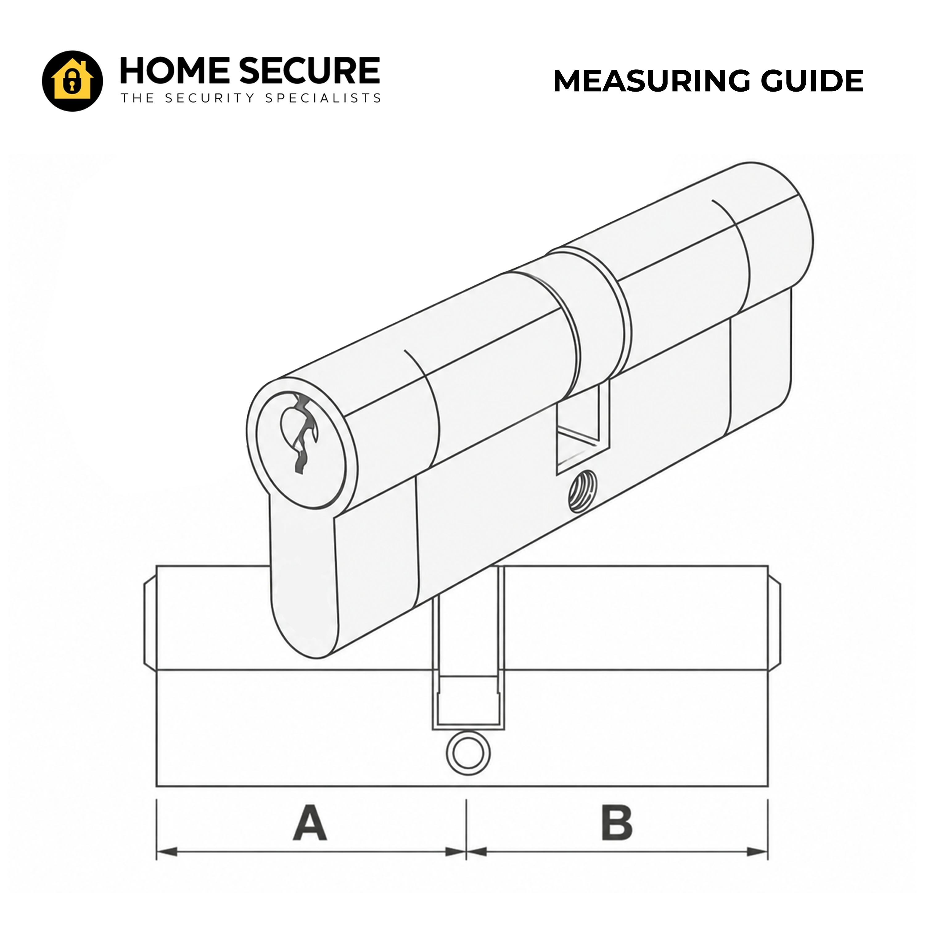 Euro cylinder measuring guide showing how to measure side A and side B from the central fixing screw to determine the correct cylinder size for your door