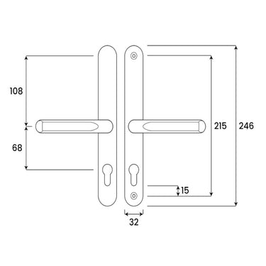 EVO sprung black uPVC door handle 215mm fixing centres diagram