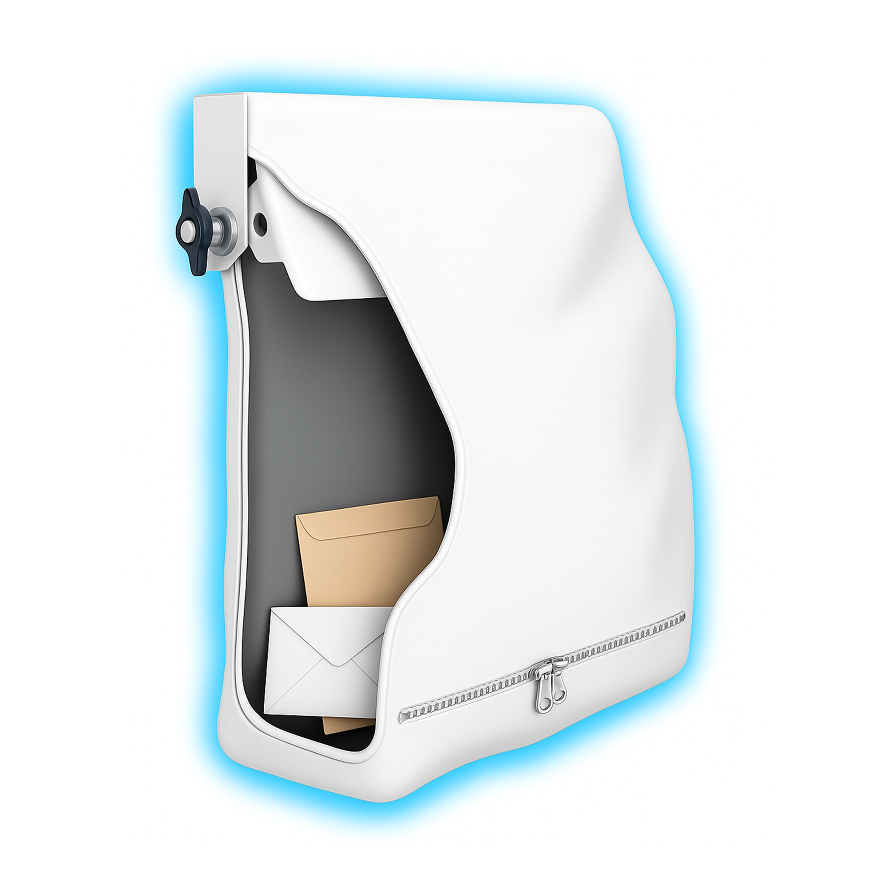 White electronic device with a blue glow on a white background