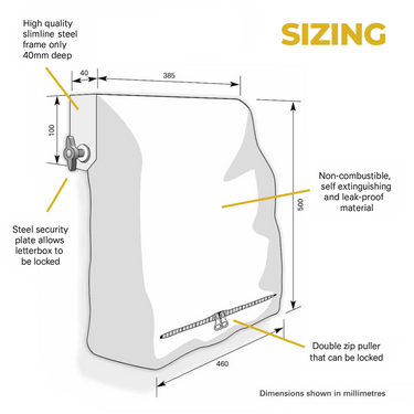 Diagram of a security letterbox with dimensions and features labeled