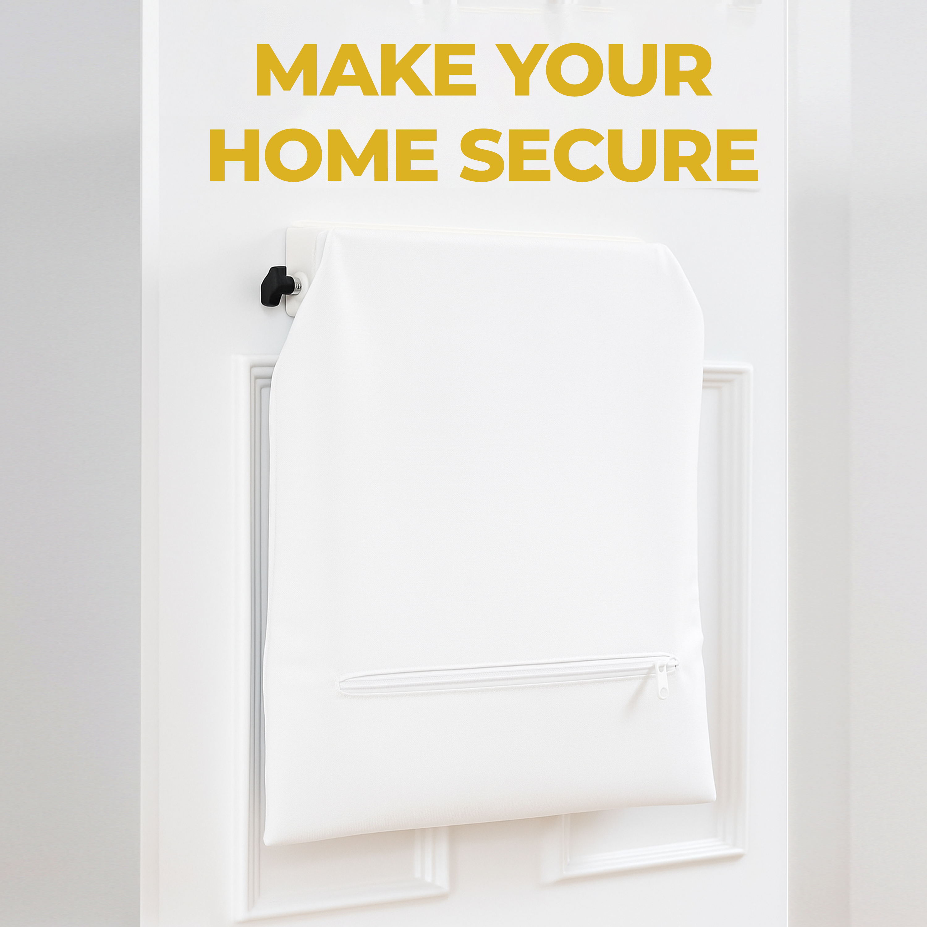 White security system panel on a white wall with 'MAKE YOUR HOME SECURE' text in yellow.