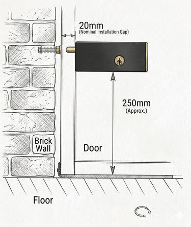 Illustration of a door with measurements labeled, showing a nominal installation gap and door height.