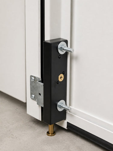 Close-up of a black door lock mechanism on a white door