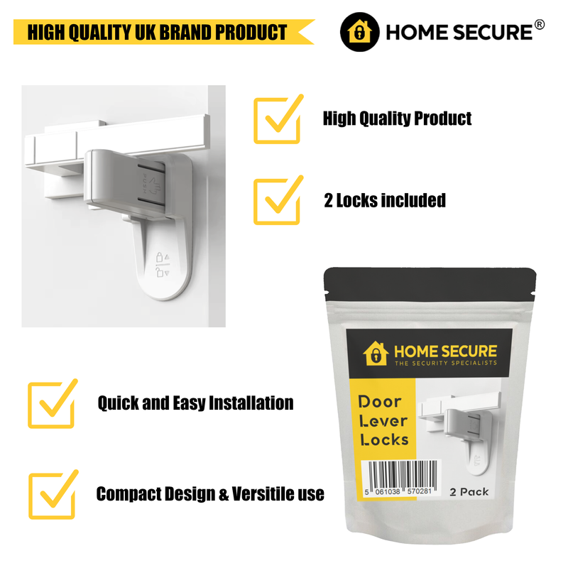 Home Secure™ Door Lever Locks. Self Adhesive Door Safety Locks (2 Pack)