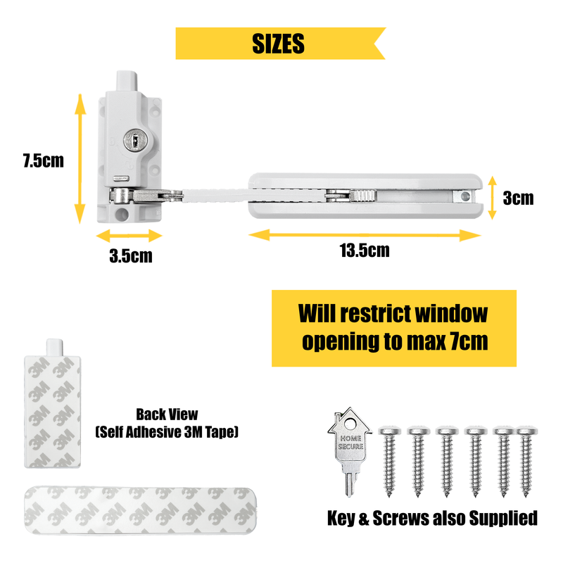 Home Secure™ Sliding Window Restrictor Lock. Self Adhesive Window Security & Safety Lock - White