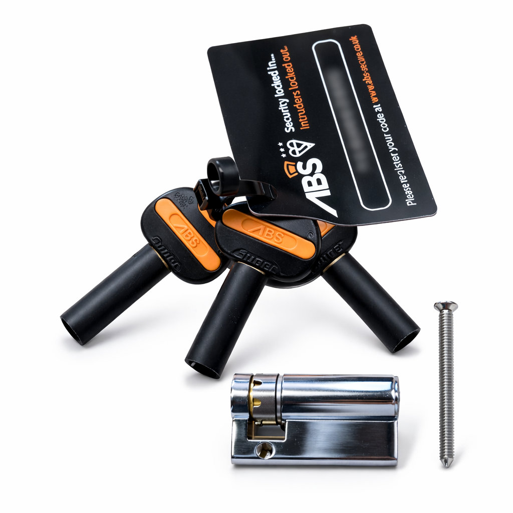 ABS security lock set with key and screw on a white background