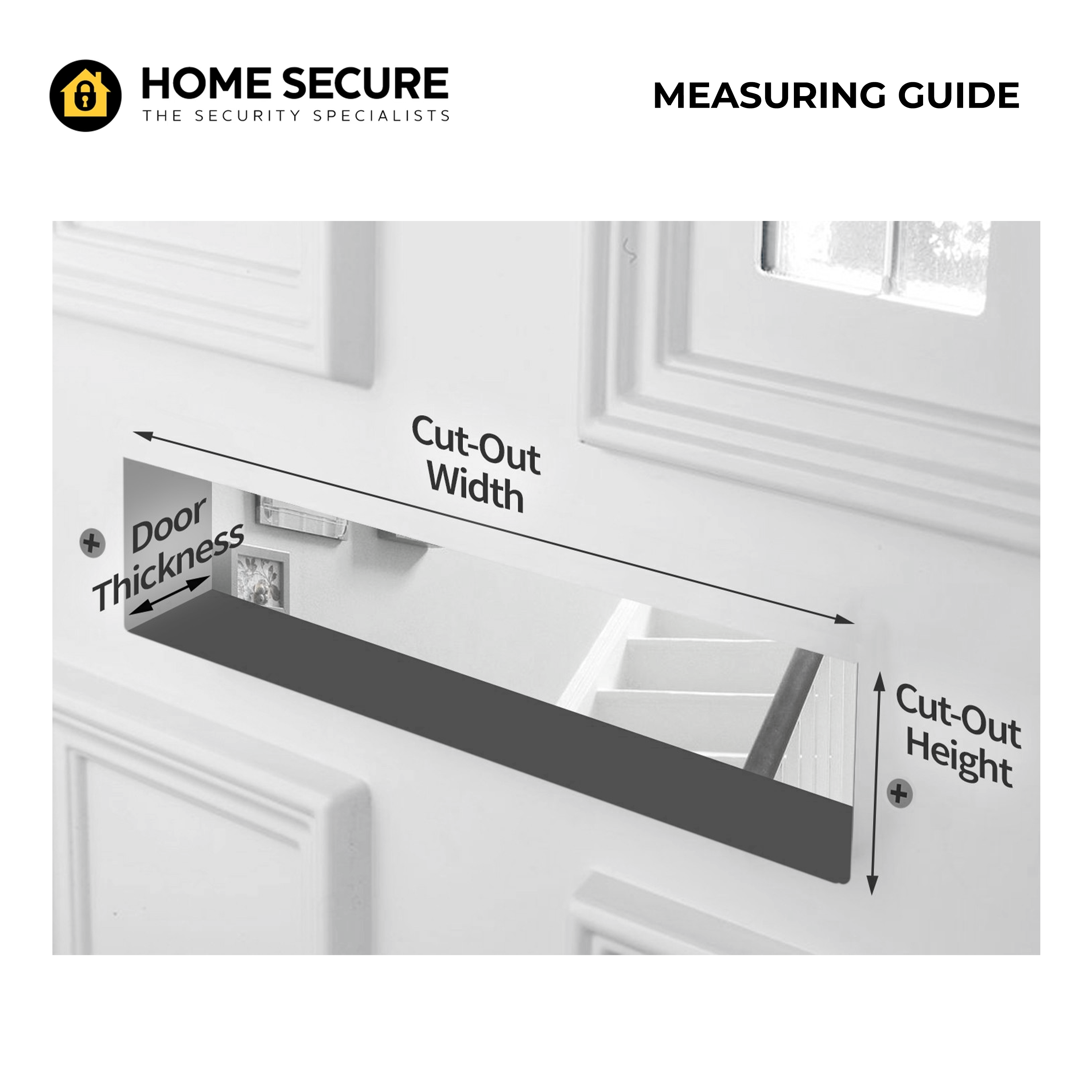 Letterbox measuring guide showing how to measure cut-out width, cut-out height, and door thickness for a uPVC or composite front door