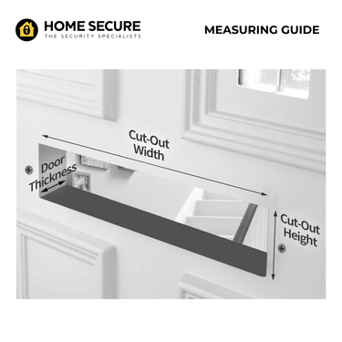 Letterbox measuring guide showing how to measure cut-out width, cut-out height, and door thickness for a uPVC or composite front door