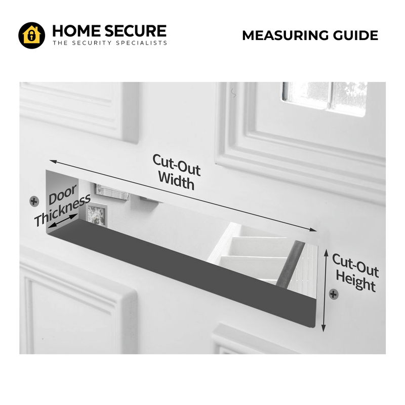 Letterbox measuring guide showing how to measure cut-out width, cut-out height, and door thickness for a uPVC or composite front door